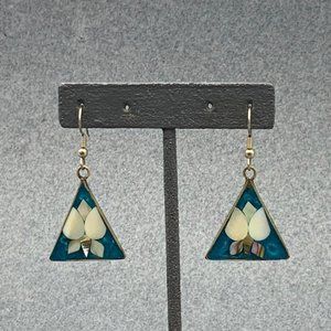Floral Inlay Triangle Earrings Dangle Pierced Sterling Silver Teal Blue White